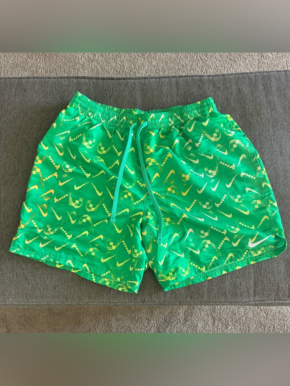 Nike Green Swim Shorts with Yellow Swoosh Print XL Used Great condition.